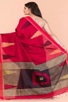 Red Cotton Blend Handloom Saree