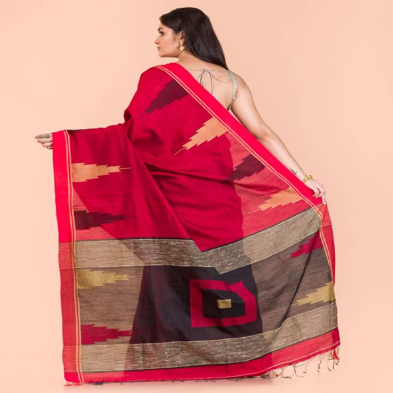 Red Cotton Blend Handloom Saree