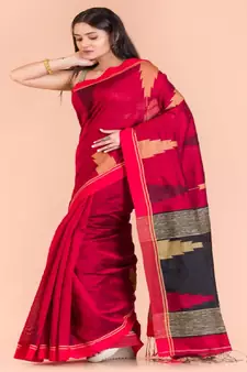 Red Cotton Blend Handloom Saree