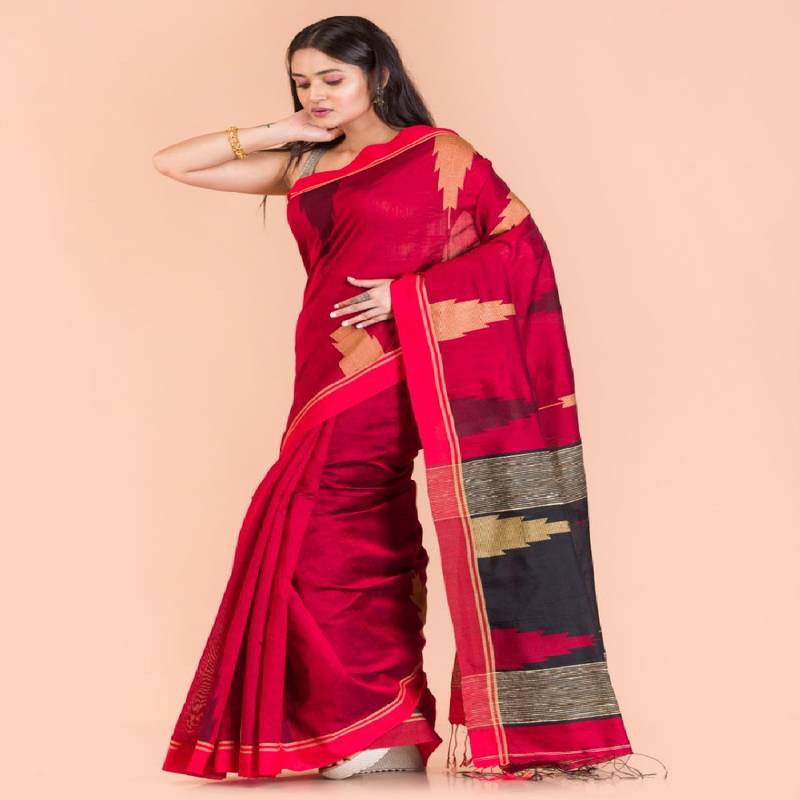 Red Cotton Blend Handloom Saree