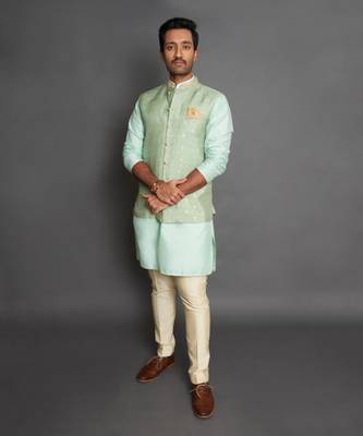 Mint Green Silk Nehru Jacket Set 1