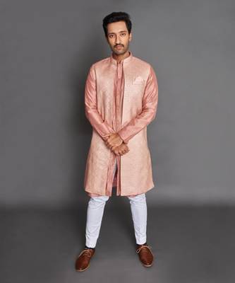 Peach Chanderi Open Jacket Set 1