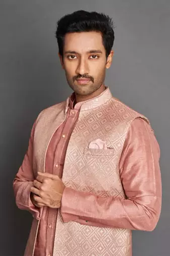 Peach Chanderi Open Jacket Set