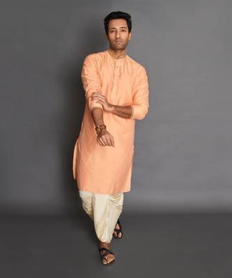 Peach Cotton Silk Kurta Dhoti Set 1