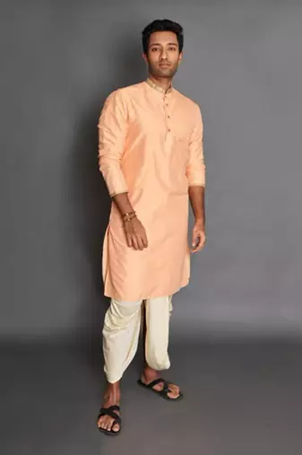 Peach Cotton Silk Kurta Dhoti Set