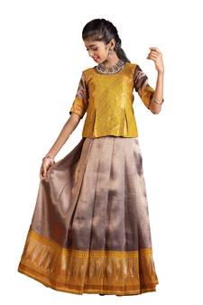 Girls Mustard Silver Fire Pattu Pavadai | Langa