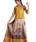 Girls Mustard Silver Fire Pattu Pavadai | Langa