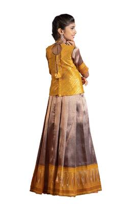Girls Mustard Silver Fire Pattu Pavadai | Langa 2