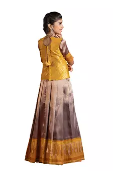 Girls Mustard Silver Fire Pattu Pavadai | Langa