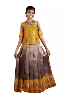 Girls Mustard Silver Fire Pattu Pavadai | Langa