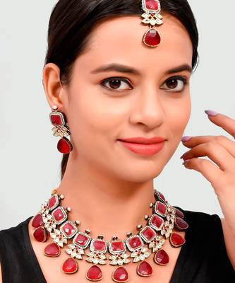 Gold Plated Red & Kundan Beaded Studded Necklace Set 1