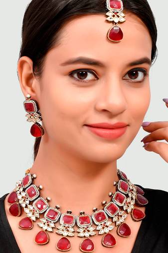 Gold Plated Red & Kundan Beaded Studded Necklace Set