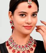Gold Plated Red & Kundan Beaded Studded Necklace Set