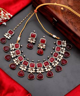 Gold Plated Red & Kundan Beaded Studded Necklace Set 2