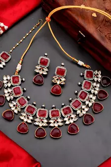 Gold Plated Red & Kundan Beaded Studded Necklace Set