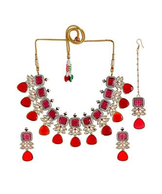Gold Plated Red & Kundan Beaded Studded Necklace Set 3