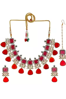 Gold Plated Red & Kundan Beaded Studded Necklace Set