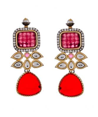 Gold Plated Red & Kundan Beaded Studded Necklace Set 4