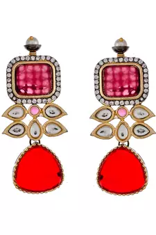 Gold Plated Red & Kundan Beaded Studded Necklace Set