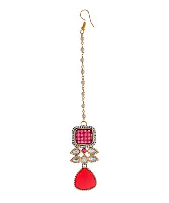 Gold Plated Red & Kundan Beaded Studded Necklace Set 5