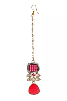 Gold Plated Red & Kundan Beaded Studded Necklace Set