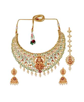 Gold Plated Red & Green Stone Studded Laxmi Necklace Set 2