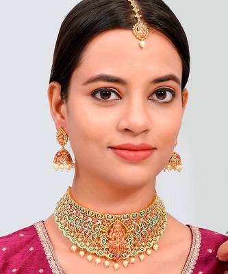 Gold Plated Red & Green Stone Studded Laxmi Necklace Set 1
