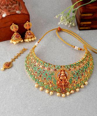 Gold Plated Red & Green Stone Studded Laxmi Necklace Set 5