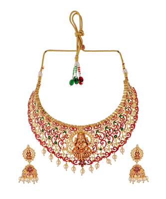 Gold Plated Red & Green Stone Studded Laxmi Necklace Set 2