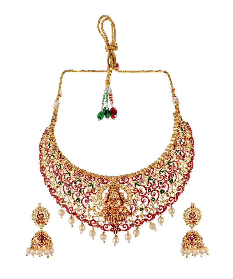 Gold Plated Red & Green Stone Studded Laxmi Necklace Set