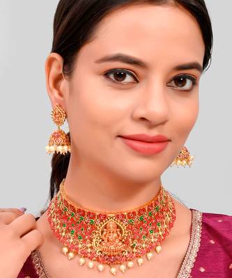 Gold Plated Red & Green Stone Studded Laxmi Necklace Set 1