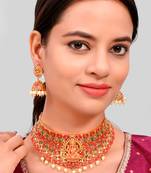 Gold Plated Red & Green Stone Studded Laxmi Necklace Set