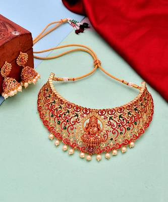 Gold Plated Red & Green Stone Studded Laxmi Necklace Set 4