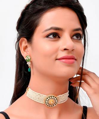 Gold Plated Pearl Beaded Choker Set 1