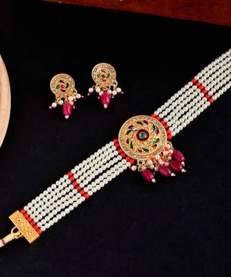 Gold Plated Pearl Beads Choker Set 4