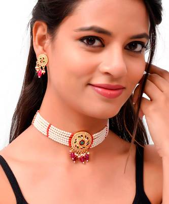 Gold Plated Pearl Beads Choker Set 1