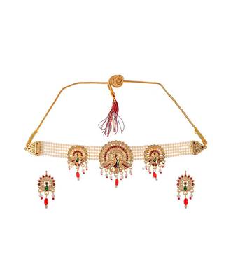 Gold Plated Kundan Studded Peacock Brooch Necklace Set 2