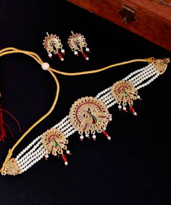 Gold Plated Kundan Studded Peacock Brooch Necklace Set 4