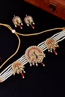 Gold Plated Kundan Studded Peacock Brooch Necklace Set