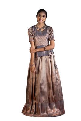 Girls Grey Silver Fire Pattu Pavadai | Langa 1