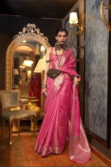 Pink woven organza saree with blouse