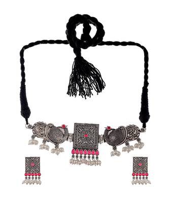 Silver Plated Oxidized Threaded Necklace Set 2