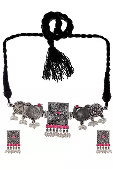 Silver Plated Oxidized Threaded Necklace Set