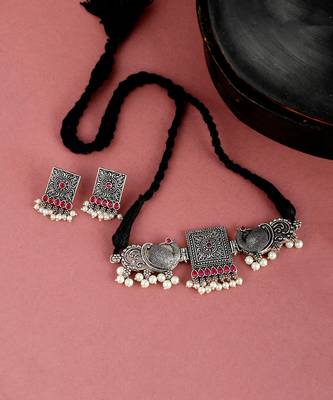 Silver Plated Oxidized Threaded Necklace Set 4