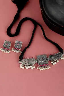Silver Plated Oxidized Threaded Necklace Set