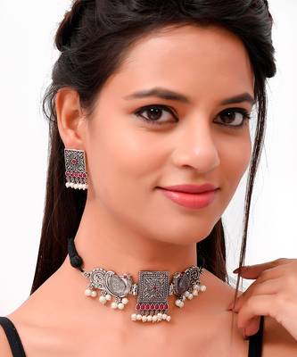 Silver Plated Oxidized Threaded Necklace Set 1