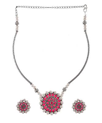 Silver Plated Red & Pearl Beaded Necklace Set 2