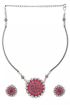 Silver Plated Red & Pearl Beaded Necklace Set