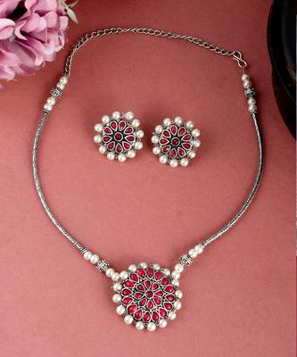Silver Plated Red & Pearl Beaded Necklace Set 4