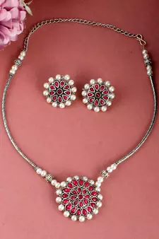 Silver Plated Red & Pearl Beaded Necklace Set